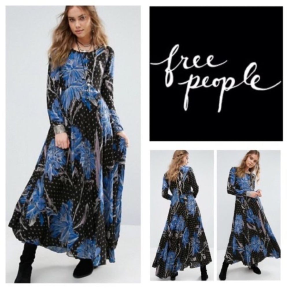 Free People First Kiss Boho blue black floral long sleeve maxi dress Sz. XS